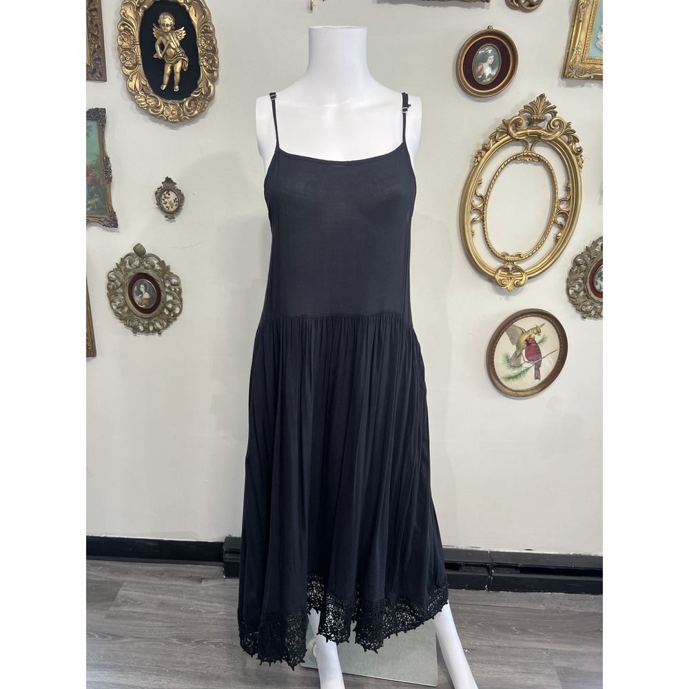 Intimately Free People Black Maxi Slip Dress Lace Trim Drop Waist Size XS